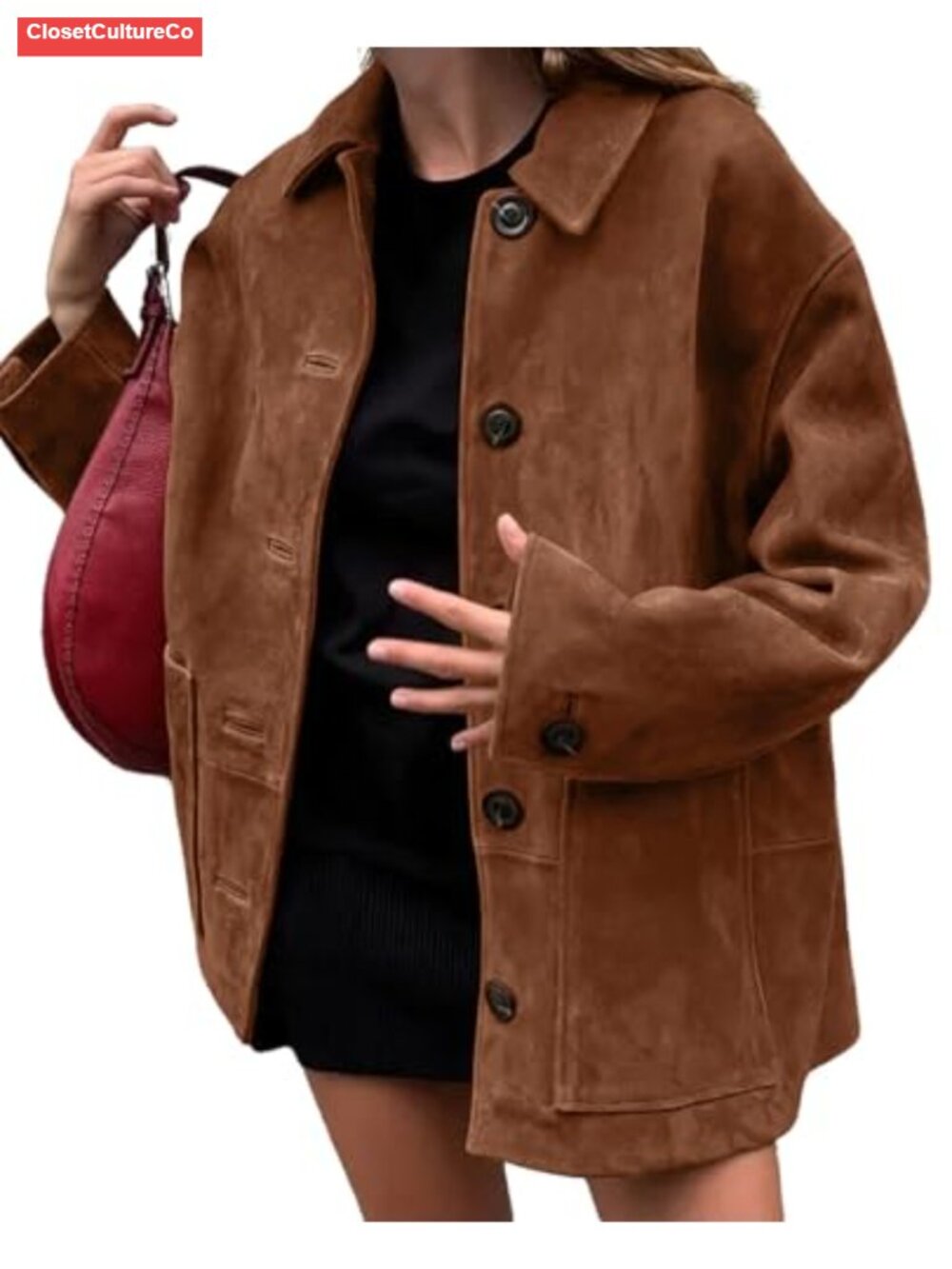 Faux Suede Leather Midi Long Button Down Shacket Coat Women